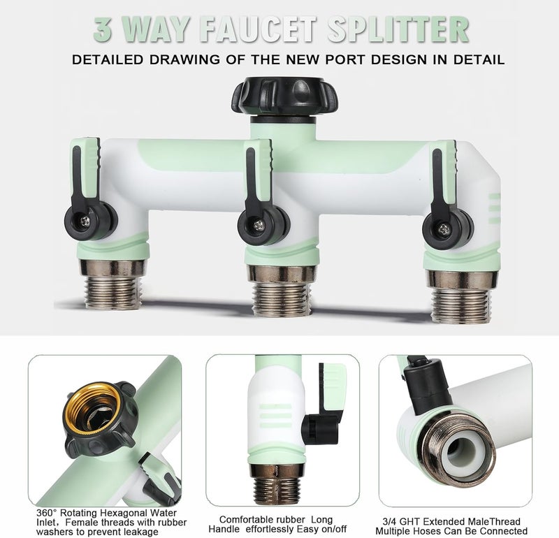 ATAOSGR 3 way Hose Splitter, Garden Hose Adapter and Outdoor Faucet Splitter,with Shutoff Valves Hoses Connector -T Water Spigot Splitter Water Adapter,3/4" GHT Thread For Home Outdoor Garden（light green) - Image 3